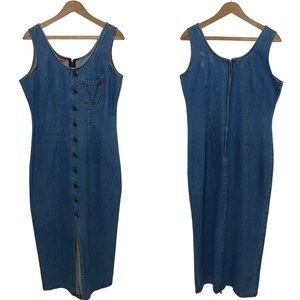 Vintage 90s Y2K US AGAIN Blue Jean Denim Fitted Midi Dress